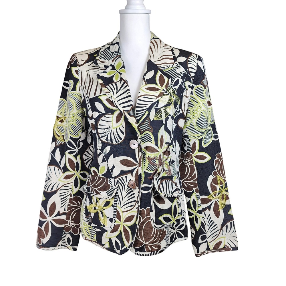 SilkLand Silk Blazer Jacket Women Large Green Brown Embroidery Tropical Boho VTG